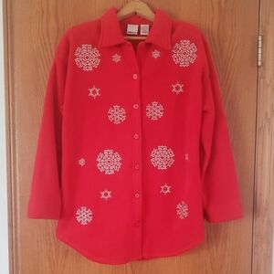 Vintage Glitterware Red Snowflake Christmas Fleece Jacket Coat Sz S